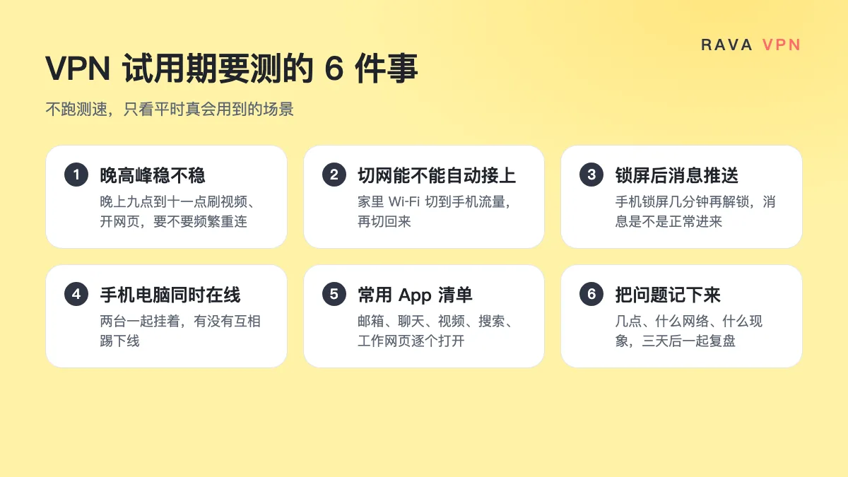 VPN 试用期要测的 6 件事：晚高峰稳不稳、切网能不能自动接上、锁屏后消息推送、手机电脑同时在线、常用 App 清单、把问题记下来